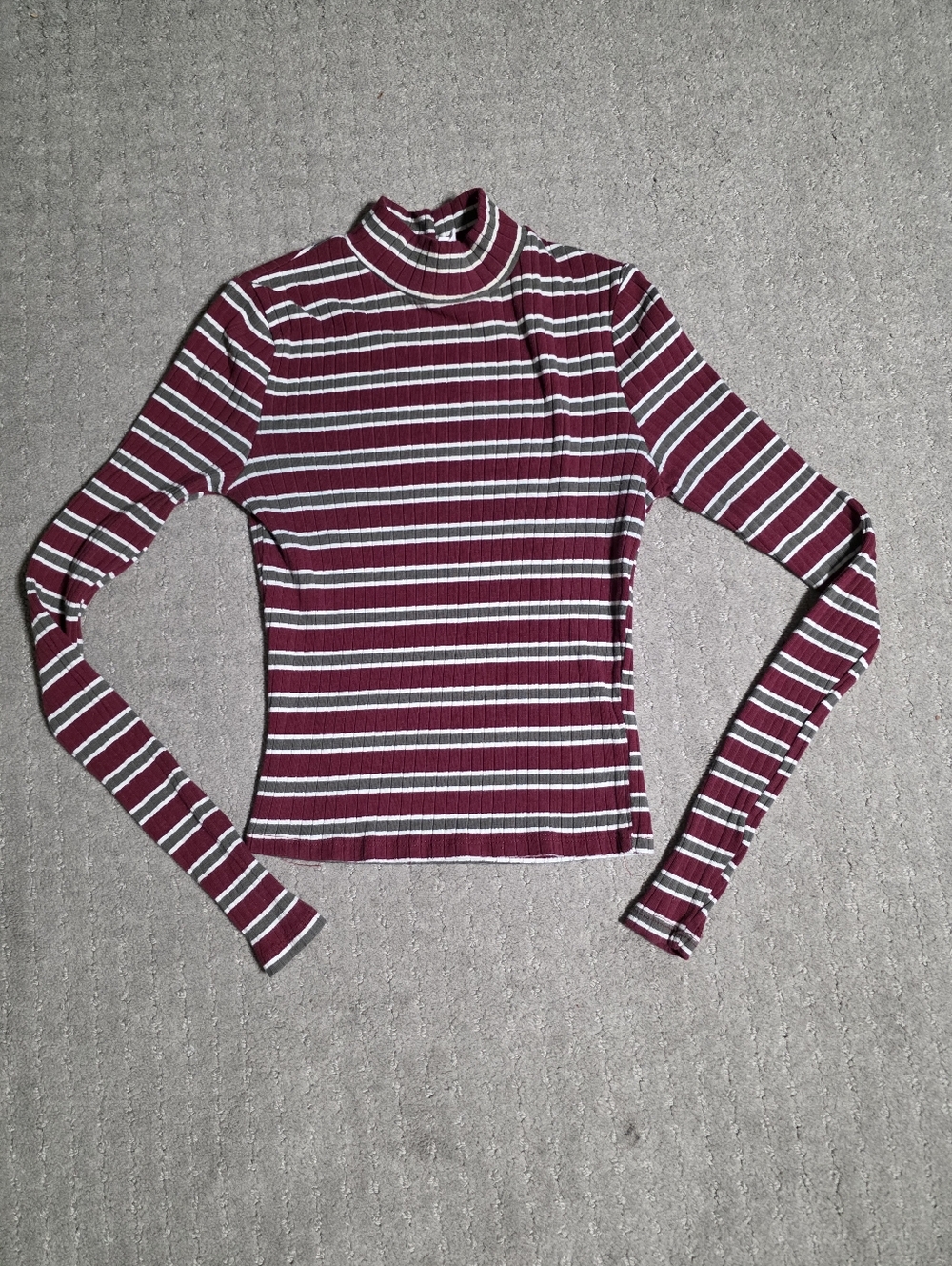 Striped Mock Neck Ribbed Crop Top - Burgundy & White